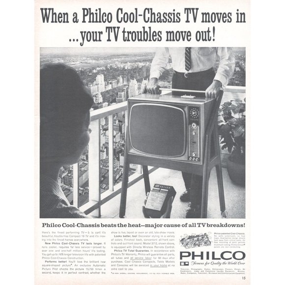 1961 Philco Cool Chassis TV Vintage Print Ad Balcony Skyline NYC Central Park - Picture 1 of 1